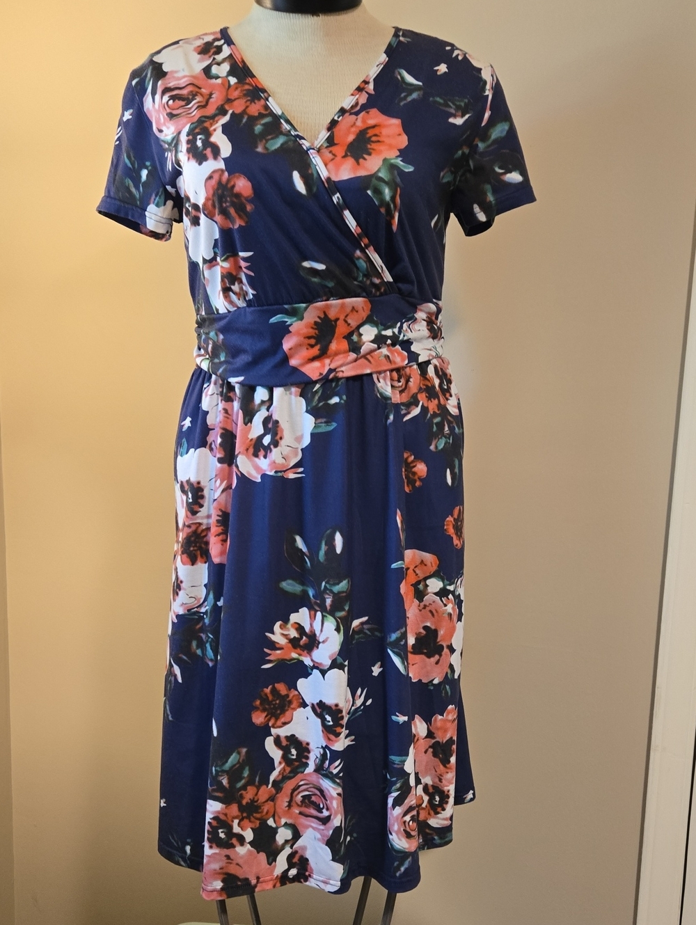 Floral Navy Wrap Dress with Pink Accent